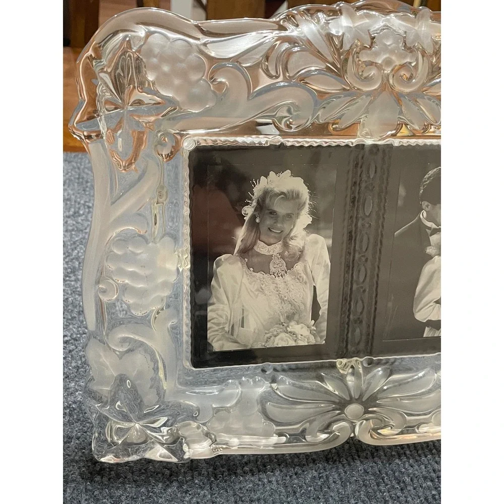 Vintage Frosted Glass Double Picture Frame Grape Vine Relief Tabletop Ornate